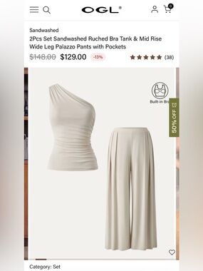 OGL One-Shoulder Ruched Tank & Wide-Leg Palazzo Set - Cream